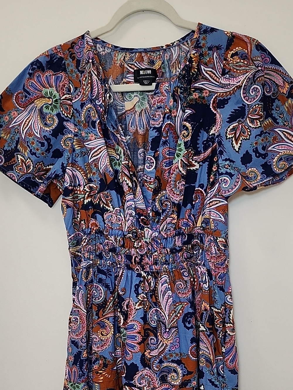 Anthro Somerset Mini Dress multicolor paisley print smocked waist tiered Sz S - Picture 3 of 16